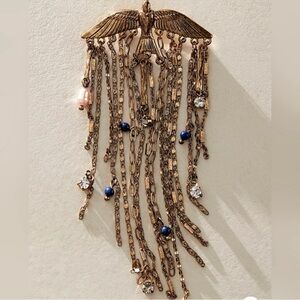 Vintage-Inspired Gold Wing Cascade Statement Brooch - Blue & Pink Accents